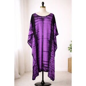 Tamsy Purple Black Tie Dye Kaftan Dress Womens One Size 100% Rayon Boho...